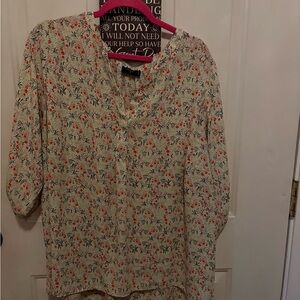 Tahari Cream Floral Blouse with Red and Green Accents